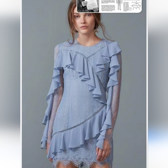 keepsake Better Days Lace Ruffle Dress in Dusty Blue Large Long Sleeve Mini - Picture 3 of 11